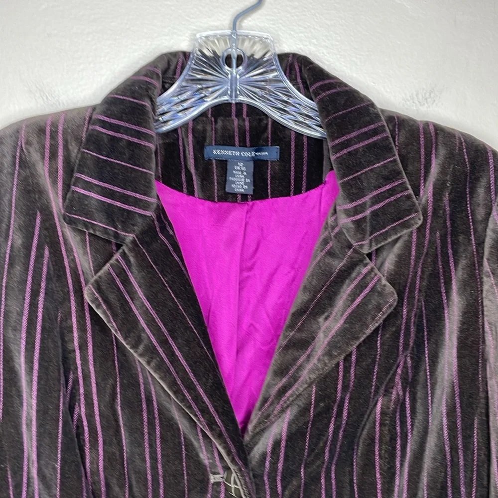 KENNETH COLE Velvet Blazer Brown & Magenta Stripe Single Breasted Hand Pockets - Picture 5 of 12
